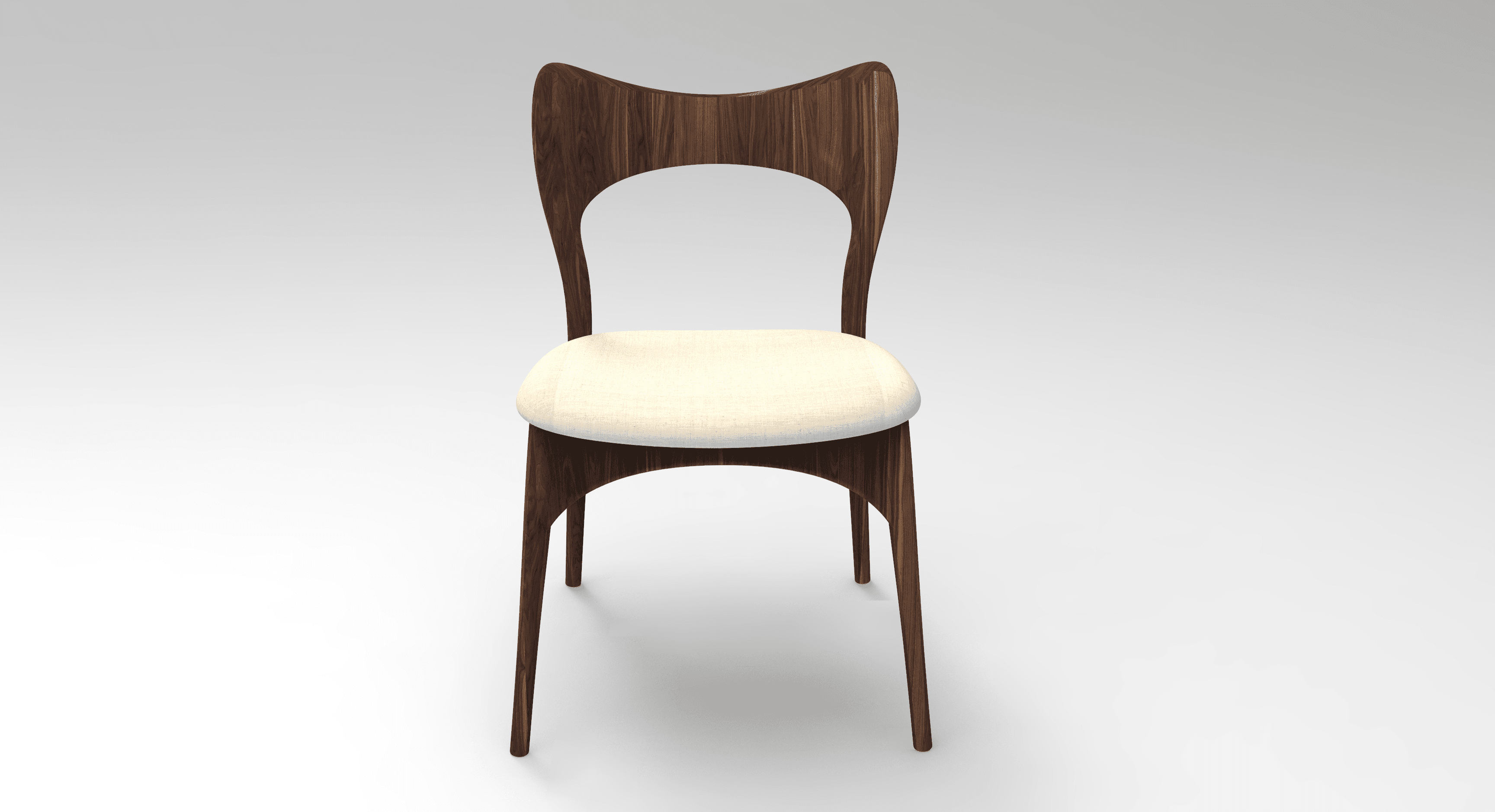 A modern dining chair featuring a dark walnut wood frame and an off-white upholstered seat, with a distinctive curved and open backrest. — 3D model