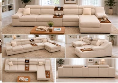 A large, modern sectional sofa upholstered in light beige fabric, featuring a modular design with a long main section and a chaise lounge extension. It incorporates integrated wooden storage compartments and side tables between seating units and on the end of the chaise, providing functional surfaces. The backrests include adjustable headrests, contributing to its contemporary and comfortable aesthetic. — 3D model