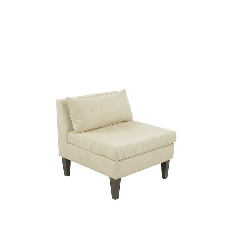 An armless upholstered slipper chair featuring a low backrest and a separate lumbar pillow. The chair is covered in a light beige or cream-colored textured fabric and stands on four dark, tapered wooden legs. Its compact design suggests versatility for various room configurations, possibly as a standalone accent piece or part of a modular seating arrangement. — 3D model