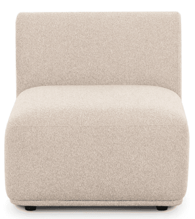 An upholstered armless chair, likely a modular component, featuring a low profile and a simple, blocky form. The backrest is gently curved at the top, and the entire piece is covered in a light beige, textured fabric, resembling bouclé or a coarse weave. It rests on small, recessed dark feet. — 3D model