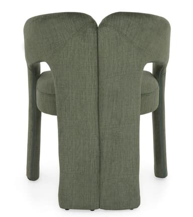 An upholstered accent chair in a dark olive green fabric, featuring a distinctive sculptural form with a split backrest and integrated, gently curved arms. The entire structure, including the legs and base, is fully upholstered, creating a seamless, monochromatic appearance. — 3D model