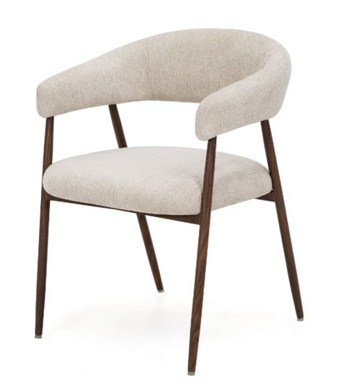 A contemporary upholstered armchair featuring a curved backrest and integrated armrests, set on a dark-stained wooden frame with slender, tapered legs. The upholstery is a light, textured fabric, likely a bouclé or similar material. — 3D model