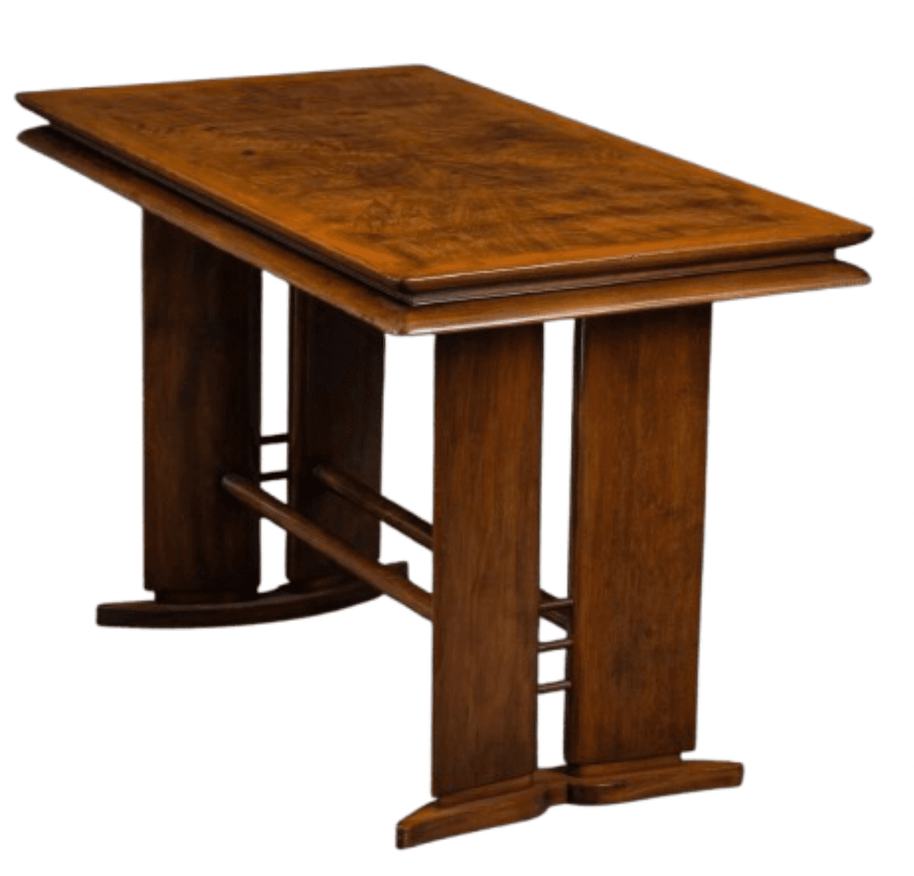 A wooden table with a rectangular top that appears to have a double-layered edge. The base consists of two vertical, flat panels on each side, connected by horizontal wooden supports. The overall design suggests a modernist or Art Deco influence. — 3D model