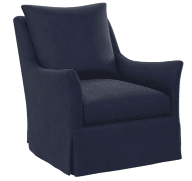 A navy blue upholstered armchair featuring a deep seat, loose back cushion, and a tailored skirted base. The arms are gently flared, and the overall design suggests comfort and a contemporary aesthetic. — 3D model