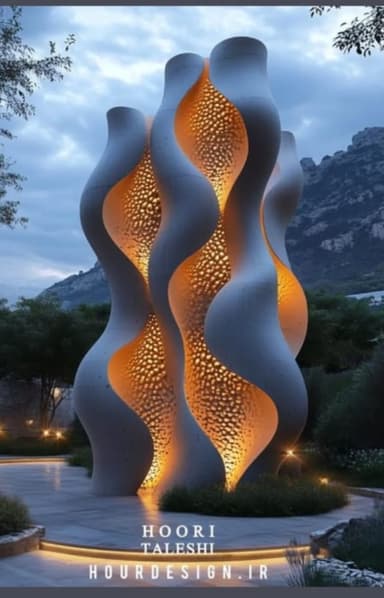 A tall, sculptural floor lamp composed of multiple undulating, vertical elements. The exterior is a smooth, matte grey material resembling concrete, while the interior surfaces are textured, golden-orange, and internally illuminated, creating a warm glow. — 3D model