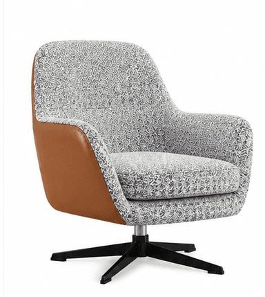 A modern lounge chair featuring a broad, rounded back and seat, upholstered in a distinctive black, white, and gray speckled or abstract patterned fabric. The exterior of the chair's shell is a contrasting warm brown, possibly leather or faux leather, which frames the upholstered sections. It sits on a black multi-leg star-shaped swivel base with a silver central shaft, providing stability and rotational movement. — 3D model