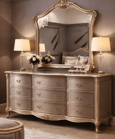 An opulent, highly ornate dresser and mirror set, finished in a uniform champagne gold color. The dresser features a curved front facade with multiple drawers, decorative pulls, and stands on scrolled cabriole legs. The accompanying mirror is framed with elaborate, rococo-style carvings. — 3D model