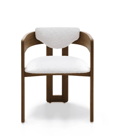 A contemporary armchair featuring a robust wooden frame with a medium-brown finish. The chair incorporates a U-shaped curved backrest that seamlessly merges into the armrests. The seat and inner backrest are upholstered in a light, textured, possibly boucle fabric, providing a soft contrast to the warm wood. The front legs are squared and connected by a lower stretcher, while the rear legs are separate, providing a sturdy base. — 3D model