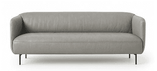 A modern, two-seater sofa upholstered in grey leather. The sofa features a sleek design with curved armrests that blend seamlessly into the backrest. It is supported by four slender, dark metal legs. — 3D model