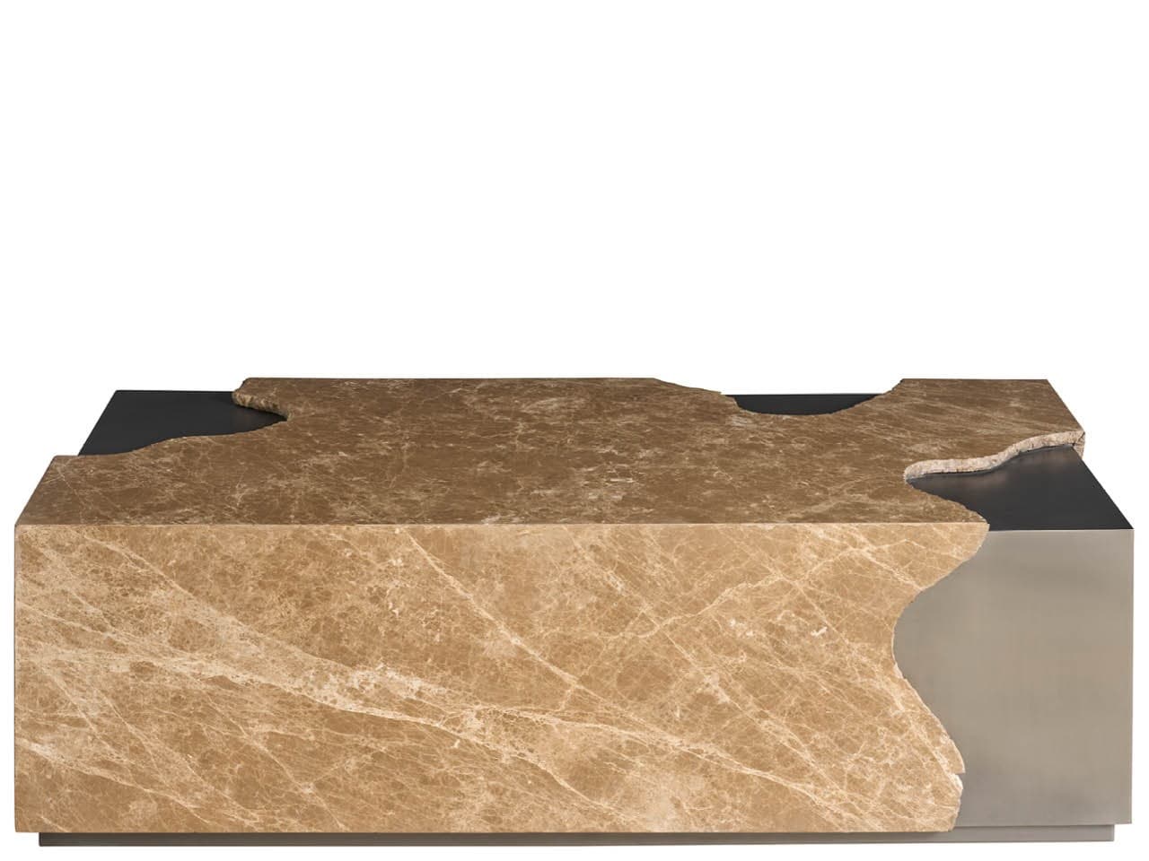 A modern sculptural coffee table featuring a dominant block of veined brown marble, accented with irregular cut-outs revealing a dark surface and a contrasting silver-grey base/side. The design emphasizes natural materials and organic forms. — 3D model