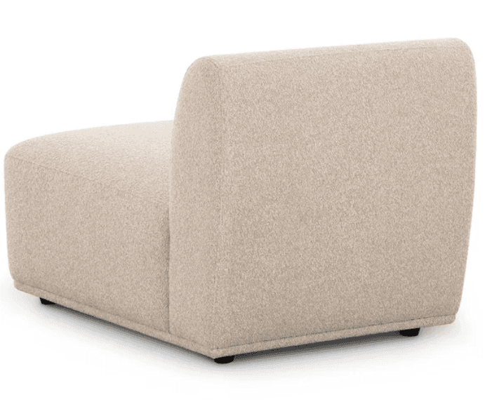 An upholstered armless chair, likely a modular component, featuring a low profile and a simple, blocky form. The backrest is gently curved at the top, and the entire piece is covered in a light beige, textured fabric, resembling bouclé or a coarse weave. It rests on small, recessed dark feet. — 3D model