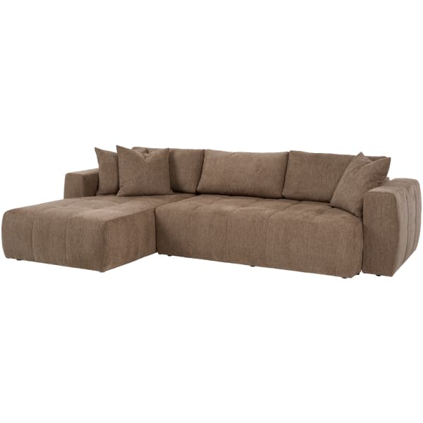 A modern sectional sofa featuring a left-hand facing chaise lounge and a multi-seater main section. The sofa is upholstered in a textured brown fabric, likely a woven blend, and includes several loose back cushions and accent pillows. Its design is characterized by broad, low-profile arms and back, with subtle vertical channel tufting on the outer sides of the armrests, contributing to a plush, inviting aesthetic. The base is solid, suggesting a sturdy construction. — 3D model
