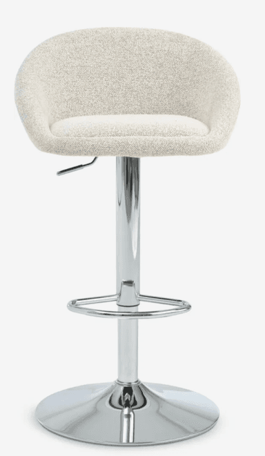 A contemporary bar stool with a rounded, upholstered seat and backrest, supported by a chrome-plated pedestal base. The stool features a gas lift mechanism for adjustable height, indicated by a lever on the side of the column. A circular footrest is integrated into the pedestal. — 3D model