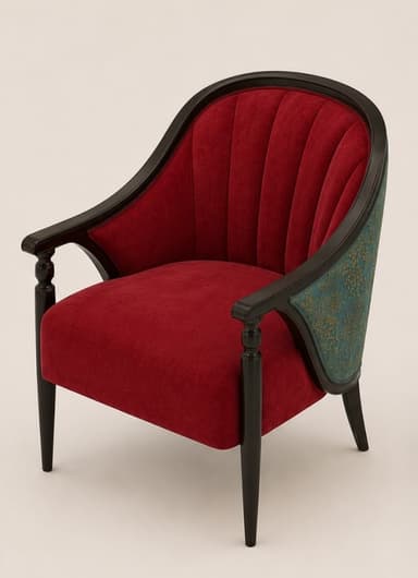 An elegant upholstered armchair featuring a rich red fabric on the seat and inner back, contrasted by a teal patterned fabric on the outer back. The inner back is vertically channel-tufted. It has an exposed dark-stained wooden frame that curves to form the backrest and armrests, supported by four tapered legs, with the front legs incorporating turned detailing. — 3D model