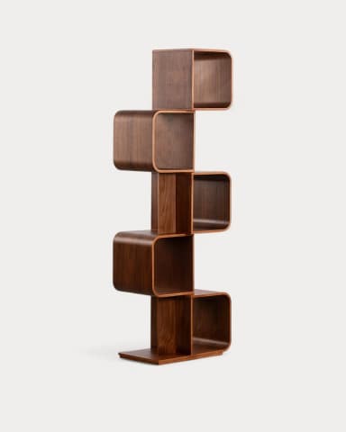 A tall, free-standing bookshelf with a unique, sculptural design. It features curved, open shelving units arranged in an alternating, offset pattern, supported by vertical wooden elements. The overall form is sinuous and modern. — 3D model