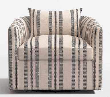 A contemporary upholstered barrel armchair featuring a cream-colored fabric with vertical black stripes. The chair has a rounded back and arms, a loose seat cushion, and an accompanying throw pillow. It sits on a subtle swivel base, making it versatile for various room configurations. — 3D model