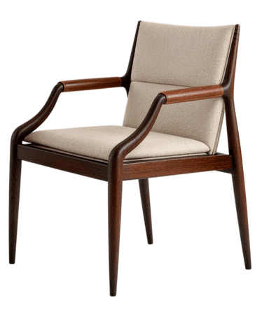 A sophisticated armchair featuring a sculpted dark wood frame with an upholstered seat and back. The design showcases elegant curves, tapered legs, and distinctive padded armrests, reflecting a Mid-Century Modern aesthetic. — 3D model