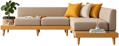 An L-shaped modular sectional sofa featuring a light-toned wooden platform base with tapered legs, topped with thick, upholstered cushions in a beige fabric. The sofa consists of multiple components arranged to form a corner unit, including a section with an extended wooden surface that functions as an integrated side table. Three throw pillows, two yellow and one off-white, are placed on the corner seating area. — 3D model