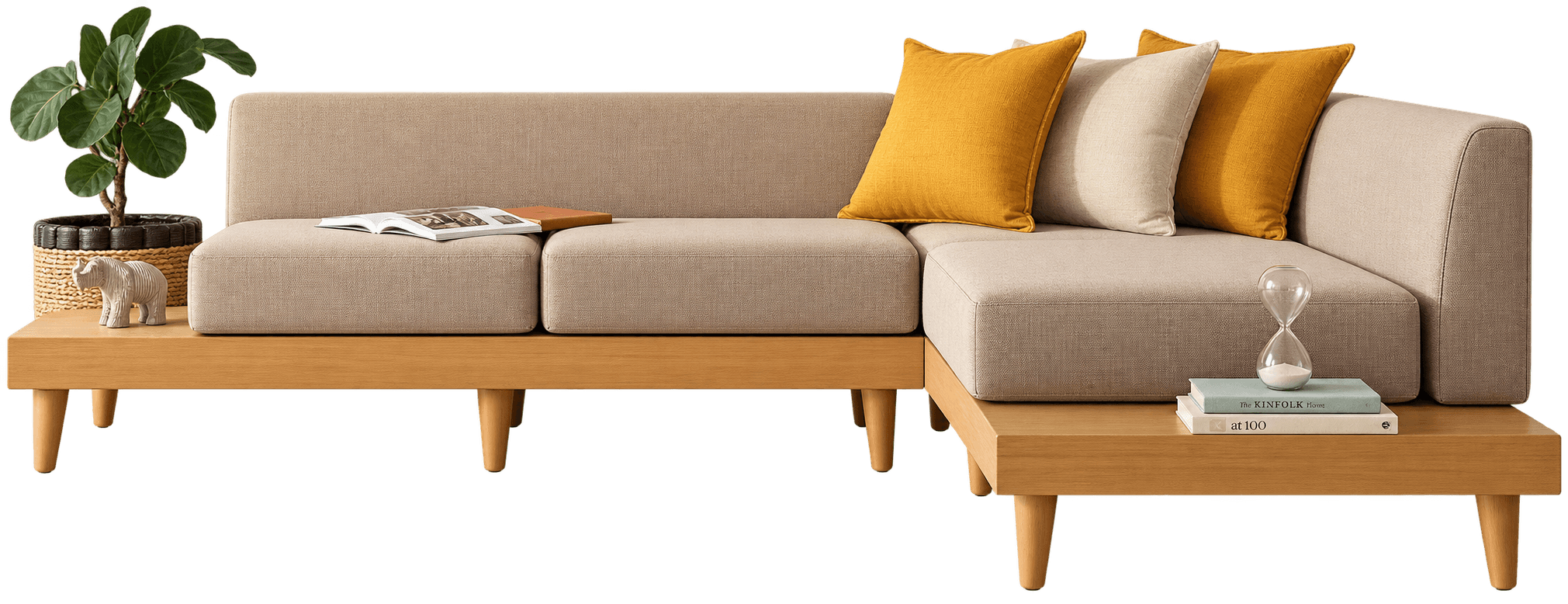 An L-shaped modular sectional sofa featuring a light-toned wooden platform base with tapered legs, topped with thick, upholstered cushions in a beige fabric. The sofa consists of multiple components arranged to form a corner unit, including a section with an extended wooden surface that functions as an integrated side table. Three throw pillows, two yellow and one off-white, are placed on the corner seating area. — 3D model