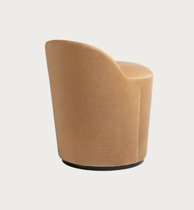 A cylindrical stool with a rounded backrest. The seat and back are upholstered in a soft fabric, and the base is a dark, solid disc. — 3D model