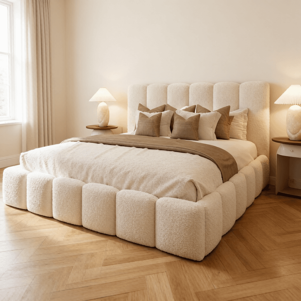 A contemporary bed frame with a distinctively upholstered headboard and footboard. The headboard features a series of vertical, cushioned panels. The bed frame itself is also upholstered and presents a segmented, pillow-like appearance along its base. The bed is dressed with a light-colored duvet and several throw pillows in varying shades of beige and brown, along with a solid brown throw blanket draped across the foot. — 3D model