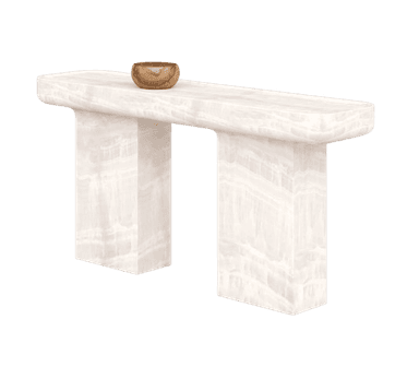 A console table with a monolithic design, featuring a thick rectangular top supported by two substantial, rectangular legs. The material exhibits a translucent, veined pattern characteristic of natural stone. — 3D model