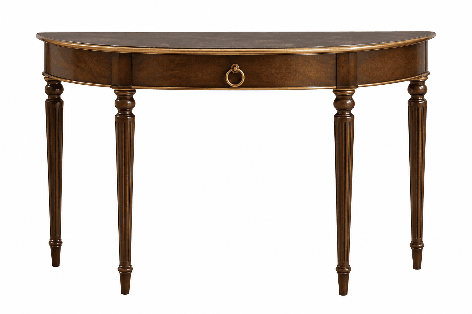 A traditional dark wood demilune console table featuring a single central drawer with a brass ring pull, supported by four elegantly turned and fluted tapered legs, and accented with brass trim along the tabletop and drawer front. — 3D model
