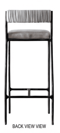 A bar stool with a black metal frame and a cushioned seat and backrest. The seat is upholstered in a light gray material. The backrest is narrow and features a striped pattern in white and grey, with the stripes running horizontally. — 3D model