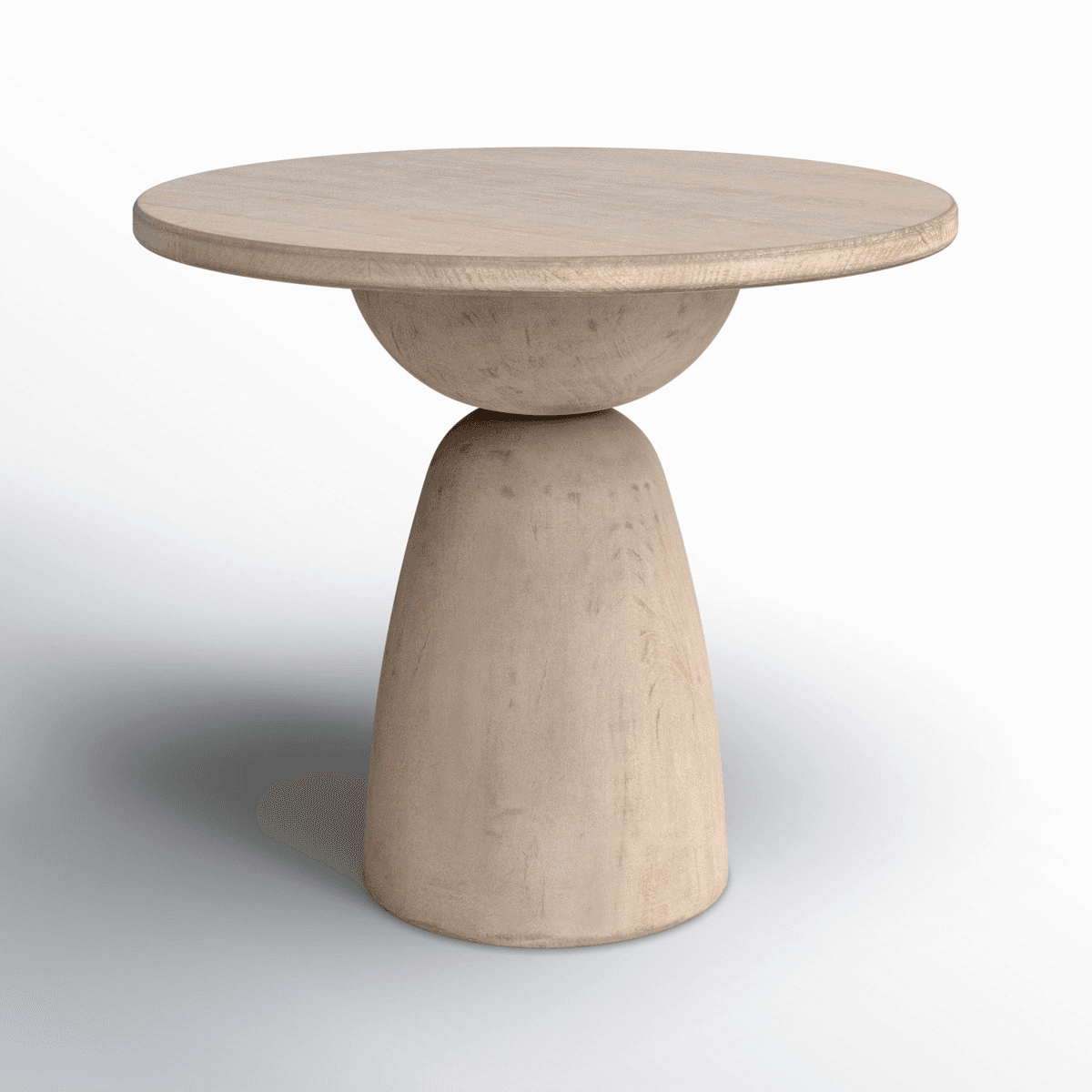 A modern and sculptural side table featuring a round tabletop supported by a distinctive pedestal base composed of geometric wooden forms. The table is made of light-toned wood with a natural finish, showcasing a minimalist aesthetic. — 3D model