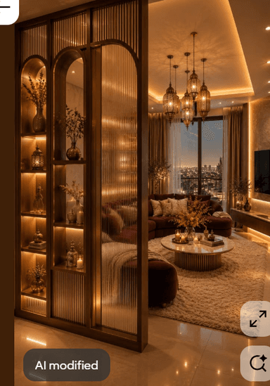 A luxurious room divider featuring a gold-toned metal frame, intricately designed with arched sections and vertical fluted glass panels. One side incorporates multiple integrated display shelves, each illuminated by warm LED strips, showcasing decorative objects. The divider serves to visually separate a living space while maintaining an open feel. — 3D model