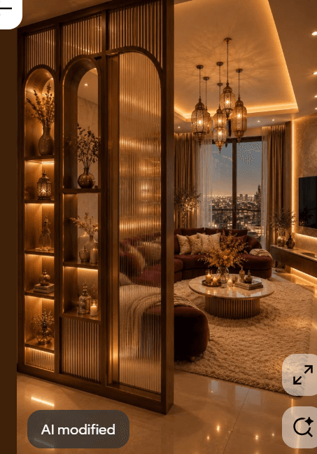 A luxurious room divider featuring a gold-toned metal frame, intricately designed with arched sections and vertical fluted glass panels. One side incorporates multiple integrated display shelves, each illuminated by warm LED strips, showcasing decorative objects. The divider serves to visually separate a living space while maintaining an open feel. — 3D model