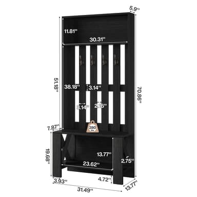 A tall, dark wooden hall tree featuring an integrated bench, multiple coat hooks, and an upper storage shelf. The design includes X-bracing on the sides of the bench for structural support and an additional lower shoe shelf. — 3D model
