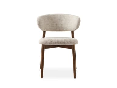 Two modern upholstered chairs with curved backs and wooden frames. The chairs feature a light-colored, textured fabric upholstery for the seat and backrest, and a dark-stained wooden structure for the legs and curved back support element. — 3D model