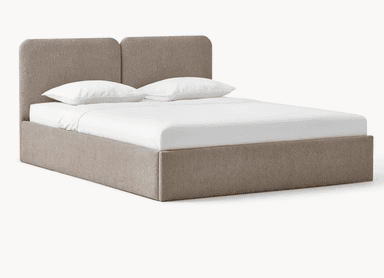 A modern upholstered platform bed featuring a clean, minimalist design and a distinctive split headboard with rounded corners. — 3D model