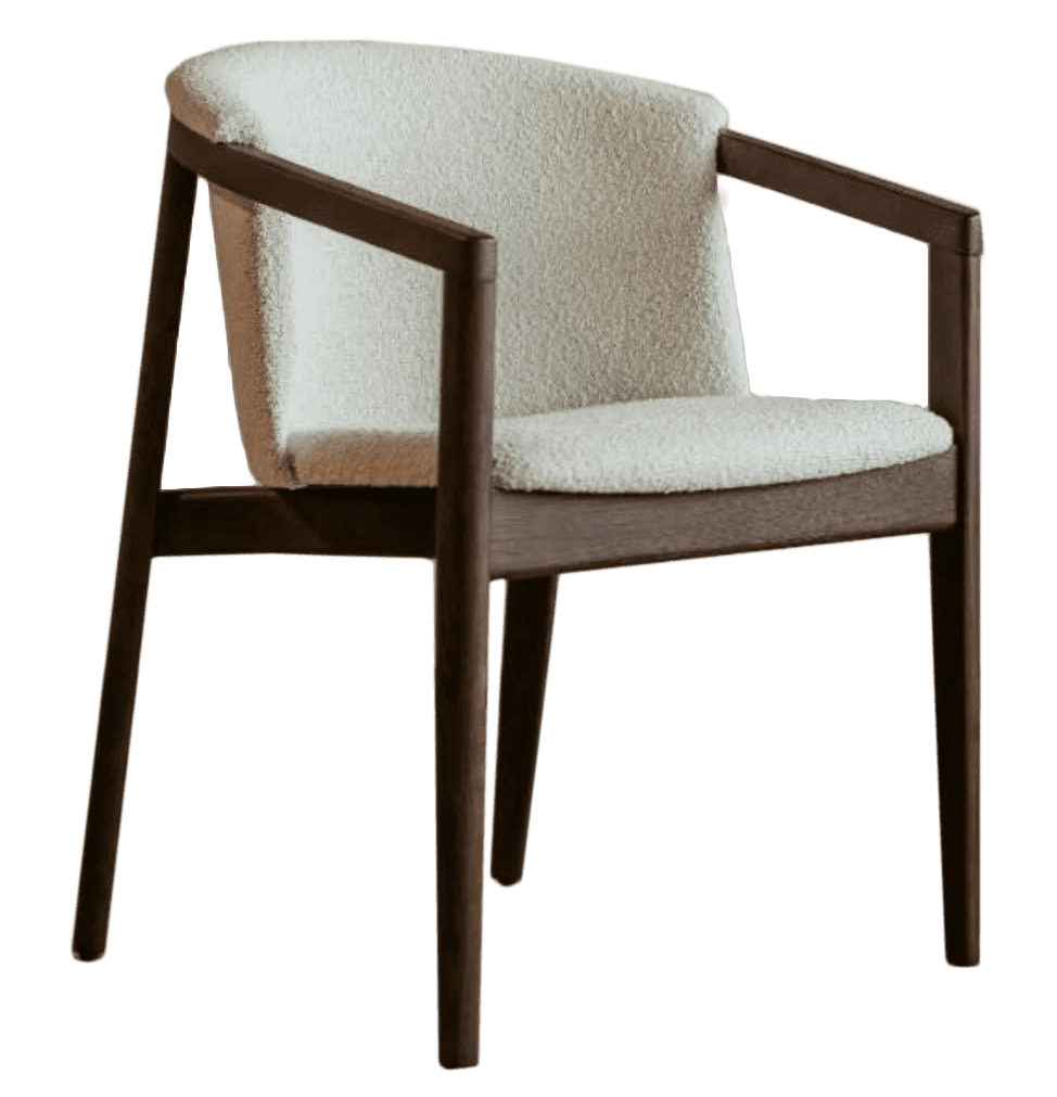 A chair with a wooden frame and upholstered seat and backrest. The frame has a modern design with clean lines and slightly curved armrests. The upholstery appears to be a textured boucle fabric. — 3D model