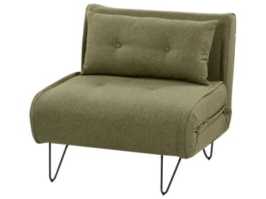 An olive green armless chair designed for convertibility, featuring a textured upholstered fabric. It includes a loose back cushion with a single button tuft. The main seat also has a visible button detail. The base is supported by four black metal hairpin legs, suggesting a modern or industrial aesthetic. The construction indicates it can likely fold out into a flatter surface for sleeping or lounging. — 3D model