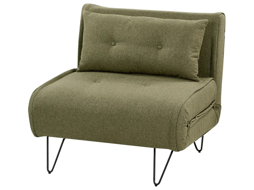An olive green armless chair designed for convertibility, featuring a textured upholstered fabric. It includes a loose back cushion with a single button tuft. The main seat also has a visible button detail. The base is supported by four black metal hairpin legs, suggesting a modern or industrial aesthetic. The construction indicates it can likely fold out into a flatter surface for sleeping or lounging. — 3D model