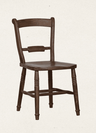 A traditional dark brown wooden chair featuring a simple, sturdy design. It has turned front legs and a straight, slightly curved backrest with a single decorative spindle element. The seat is solid and shaped for comfort. — 3D model