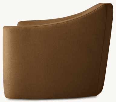 A contemporary upholstered armchair, characterized by its continuous, gently curved backrest and integrated armrests, presented in a solid brown fabric. — 3D model