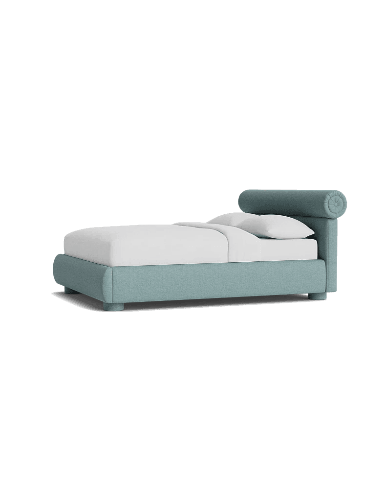 A low-profile upholstered bed frame with a rounded headboard and footboard, featuring a light blue fabric and a single pillow. The bed is presented on a black background. — 3D model