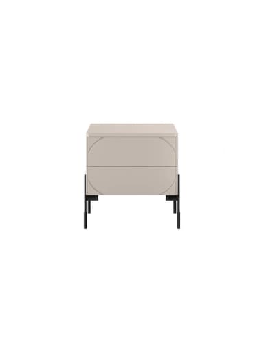 A modern, light-colored nightstand featuring two drawers with integrated semicircular routed details that act as handles. The main body is a beige or greige tone, supported by slender, minimalist black metal legs that form an inverted 'L' shape on each side. — 3D model