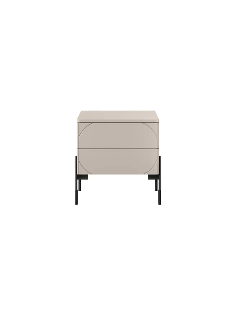 A modern, light-colored nightstand featuring two drawers with integrated semicircular routed details that act as handles. The main body is a beige or greige tone, supported by slender, minimalist black metal legs that form an inverted 'L' shape on each side. — 3D model