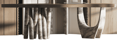 A contemporary bench featuring a solid dark wood top with a natural finish, supported by two distinct sculptural bases made of veined natural stone. One base comprises multiple bundled cylindrical forms, while the other is a single, gracefully arched or U-shaped support, both contributing to an organic and modern aesthetic. — 3D model