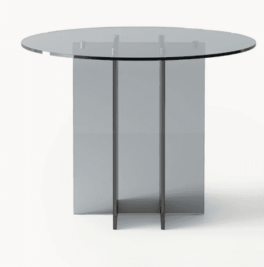 A modern side table with a circular glass top and a geometric pedestal base. The base is constructed from intersecting vertical panels of tinted glass, creating a multi-faceted column. The top is transparent and slightly smoked, supported by a cross-shaped structure within the base. — 3D model