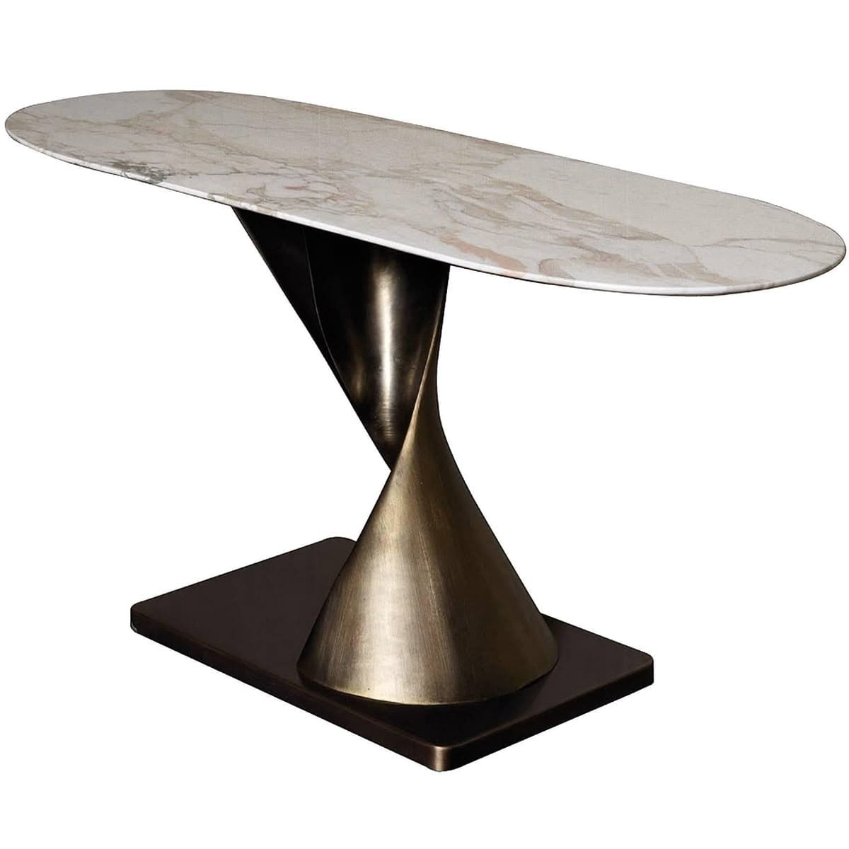 An oval-topped console table with a distinctive sculptural base. The tabletop appears to be made of marble with a natural veining pattern. The base consists of two conjoined, twisted forms that create a dramatic, organic silhouette, finished in a metallic bronze tone. It rests on a dark, rectangular plinth. — 3D model