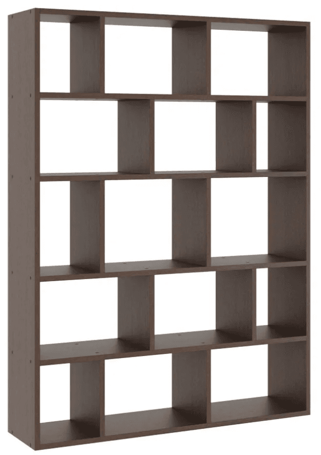 A freestanding, modular bookshelf with a dark brown wood grain finish. It features multiple open cubbies of varying sizes arranged in a grid pattern across four shelves. The structure is composed of vertical and horizontal dividers. — 3D model