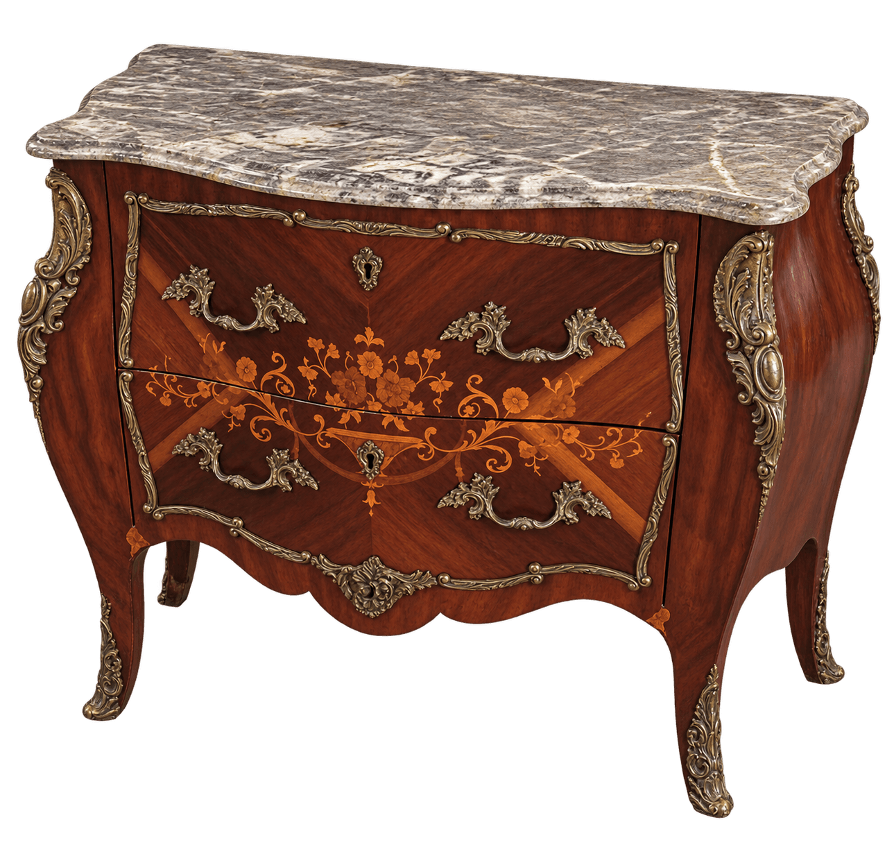 An antique-style bombe commode featuring a variegated gray and white marble top, a gracefully curved, swelling form, and two full-width drawers. The commode is constructed from a rich, reddish-brown wood, possibly mahogany or kingwood, with intricate floral marquetry on the drawer fronts. It is heavily adorned with ornate brass ormolu mounts along the edges, feet, and drawer pulls, enhancing its classical Rococo aesthetic. — 3D model