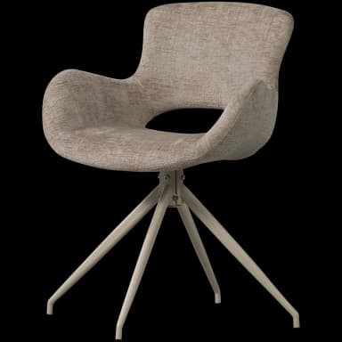 A modern upholstered swivel accent chair featuring a sculpted, bucket-style seat with integrated armrests. The chair is covered in a light, textured fabric and is supported by a four-leg splayed metal base finished in a matching light color. The design emphasizes comfort and contemporary aesthetics. — 3D model