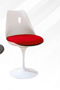 A white Mid-Century Modern style dining chair featuring a single pedestal base and a contoured molded shell, accented with a vibrant red removable fabric cushion. — 3D model