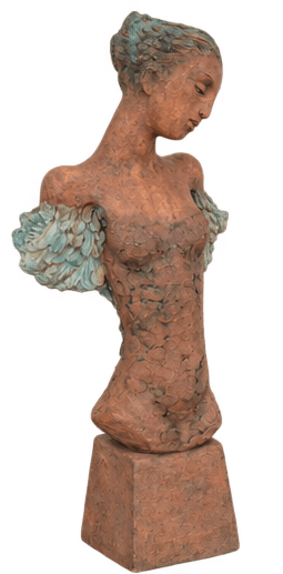 A figurative sculpture depicting the torso of a female figure, crafted from a reddish-brown terracotta or clay. The surface is highly textured, giving it a rustic or aged appearance. The figure's head is tilted slightly, with eyes closed in a contemplative pose. The shoulders feature distinct, layered wing-like structures with a blue-green patina, contrasting with the main body color. The sculpture is mounted on an integrated, simple rectangular plinth of the same material and finish. — 3D model
